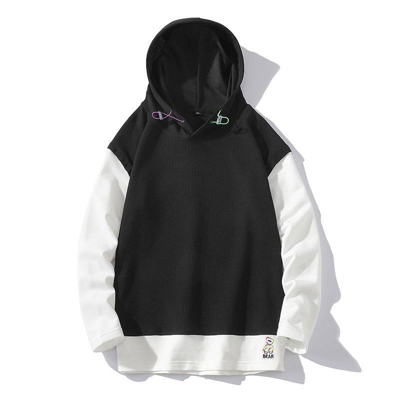 Popular Waffle Embroidery Stitching Trendy Youth Cross-border Fake Two Pieces Leisure Long Sleeve Hooded Sweater