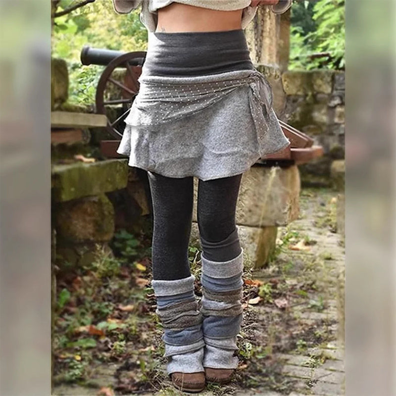 Women's Color Block Irregular Print Legging Skirt - Retro Style Layering Skort For Spring&Fall