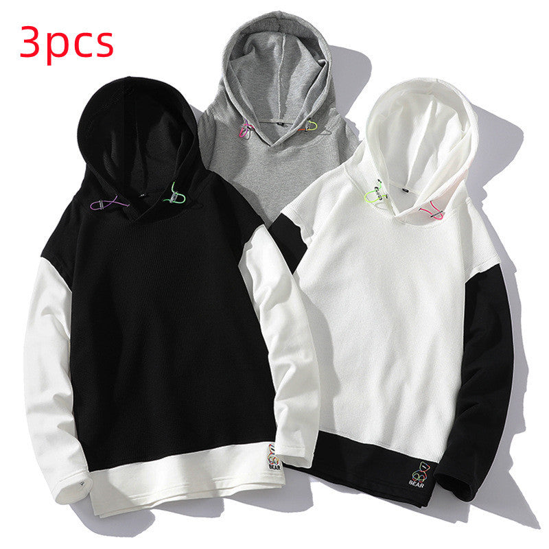 Popular Waffle Embroidery Stitching Trendy Youth Cross-border Fake Two Pieces Leisure Long Sleeve Hooded Sweater