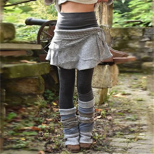 Women's Color Block Irregular Print Legging Skirt - Retro Style Layering Skort For Spring&Fall