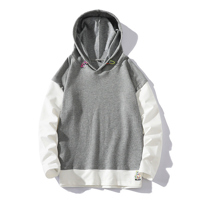 Popular Waffle Embroidery Stitching Trendy Youth Cross-border Fake Two Pieces Leisure Long Sleeve Hooded Sweater