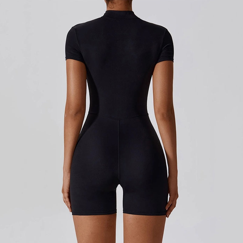 Summer Zip-Up Short Sleeve Shorts Yoga Bodysuit For Women - Dance Workout Form-Fitting One-Piece