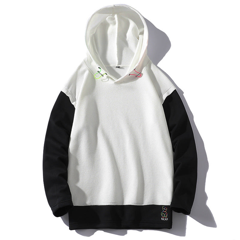 Popular Waffle Embroidery Stitching Trendy Youth Cross-border Fake Two Pieces Leisure Long Sleeve Hooded Sweater