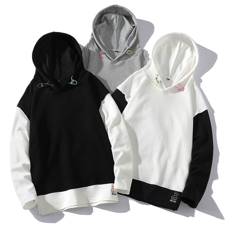 Popular Waffle Embroidery Stitching Trendy Youth Cross-border Fake Two Pieces Leisure Long Sleeve Hooded Sweater