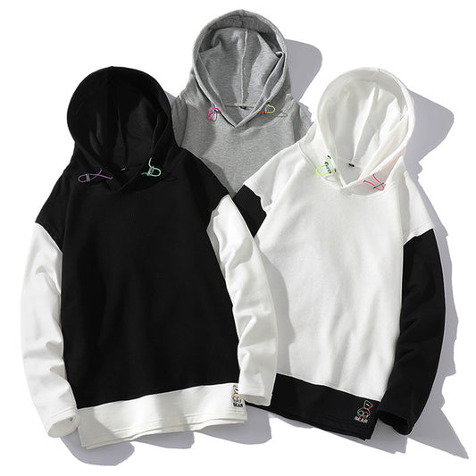 Popular Waffle Embroidery Stitching Trendy Youth Cross-border Fake Two Pieces Leisure Long Sleeve Hooded Sweater